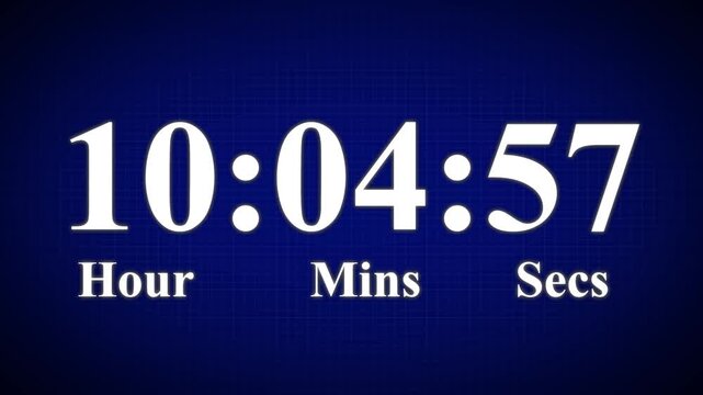 11 Hours countdown timer animation, isolated on a blue and grid background with an alpha channel. High quality 4K video.