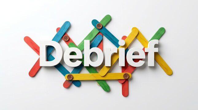 A visual aid for project evaluation and feedback sessions featuring the word Debrief made of colorful wooden sticks and buttons.