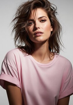 Front view portrait of a young woman with voluminous short brown hair in a simple pink t-shirt looking directly at the camera.