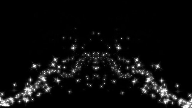 Glowing white stars particles animation with glitter strs line trail transition, abstract sparkly light leak overlay, elegant wedding visual effects glitter motion graphic asset on black screen. 4k