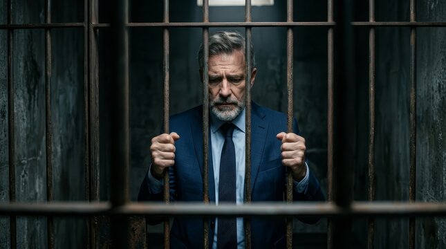 Convicted for fraud, a mature man in a business suit stands in a dark prison cell holding onto jail bars.
