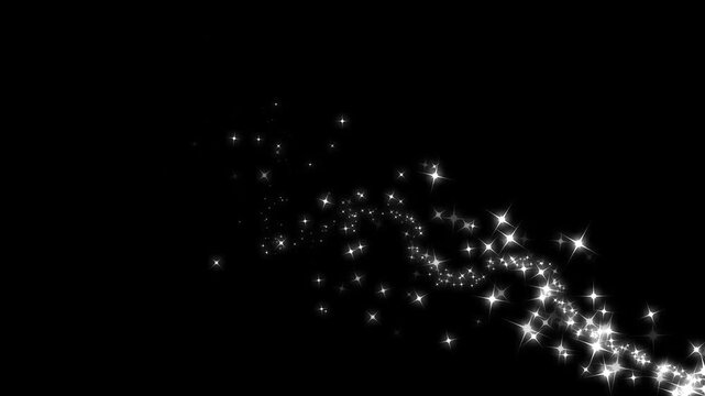 Beautiful sparkling white stars forming infinity wave trail sparkle transition effect, magical glowing starry light leaks overlay loop, elegant particle motion design for black background. 4k video