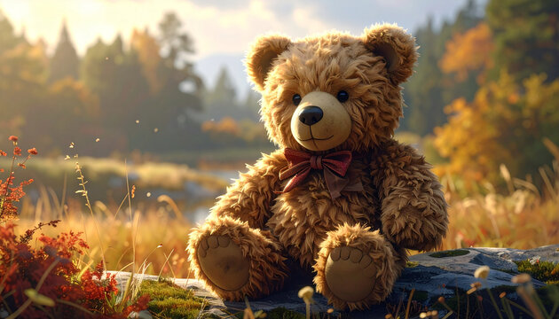 Fluffy teddy bear with bowtie sitting outdoors in autumn