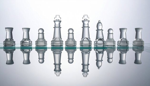 Glass Chess Pieces Lined Up on Reflective Surface