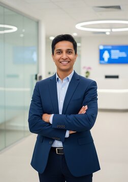 Successful young businessman standing with arms crossed in bright modern office corridor.