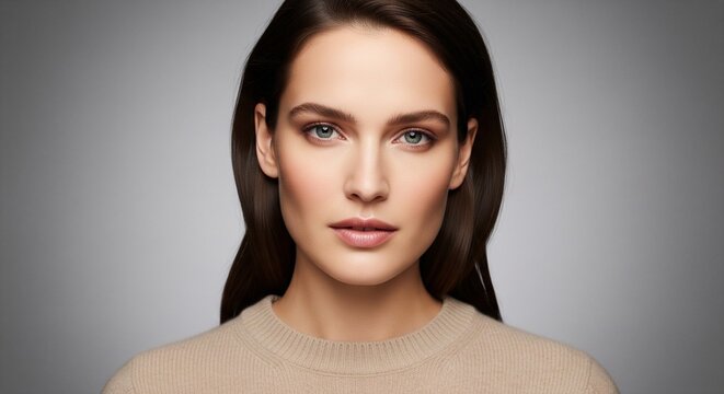 Front view headshot of a beautiful young woman with dark hair and natural makeup in beige sweater.