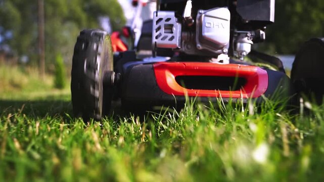 Red mower cuts grass with loud engine noise. Green blades slice through lush, sunlit lawn. Rider moves steadily across garden in slow motion. Crisp summer day frames maintenance task clearly