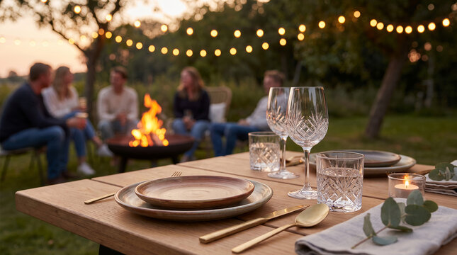 Elegant outdoor dining setup with glasses and plates near a fire pit  