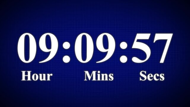 10 Hours countdown timer animation, isolated on a blue and grid background with an alpha channel. High quality 4K video.