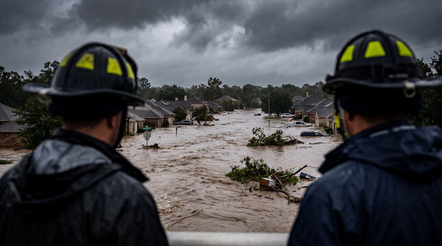 Firefighters observing flood damage in residential area during rain  
