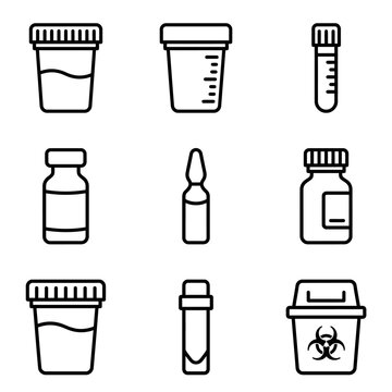Medical laboratory icons including specimen cups, test tubes, vials, ampoules, and biohazard bin in line art style