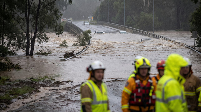 Emergency responders assessing flood damage on a washed-out highway  
