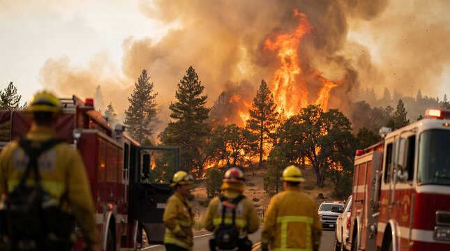 Firefighters battling wildfire with fire trucks in forest area  