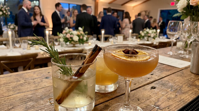 Cocktails served at elegant dinner party table with guests mingling  