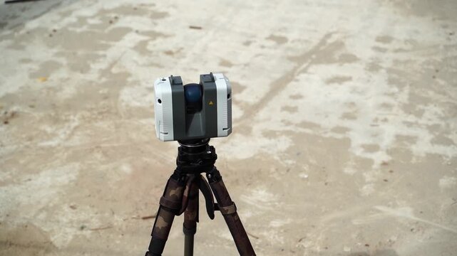 Camera sits steady on tripod outdoors. Surface shows wear, dust, and weathered texture. Equipment points forward, ready for capturing precise angles. No people, no emotion to convey