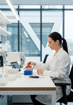 Female scientist sitting at a lab desk organizing test tubes with samples in a modern bright laboratory.