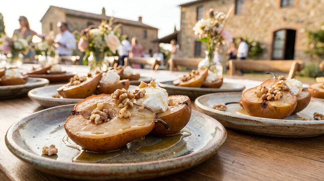 Slices of poached pears topped with nuts served at outdoor event  