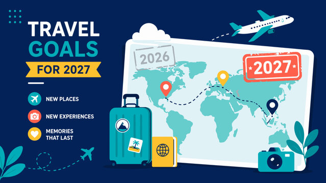 Travel goals for 2026 and 2027 depicted on a world map. Blue suitcase, camera, passport, and airplane symbolize adventure. Dotted lines connect destinations across continents