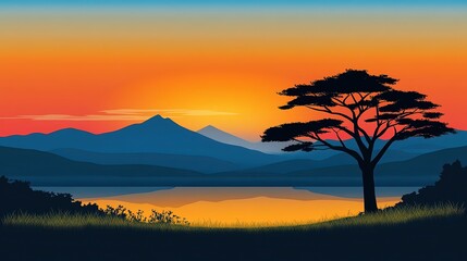 Naklejka premium A vibrant sunset scene with silhouetted mountains and a solitary tree reflected in a tranquil lake, perfect for nature-themed projects, wallpapers, or inspirational quotes,