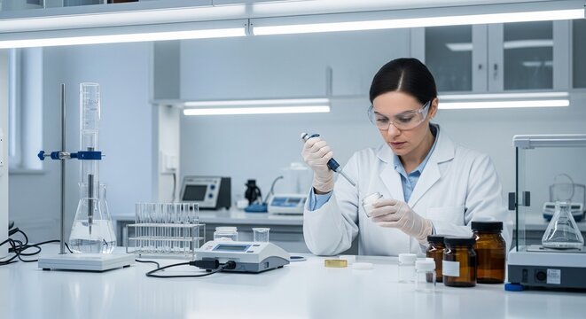 Female scientist in protective goggles using pipette in bright modern laboratory