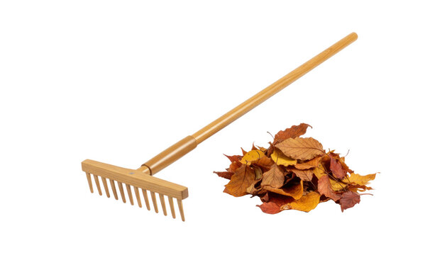 Wooden garden rake with dry autumn leaves, fall yard cleanup tool, seasonal landscaping equipment isolated PNG with Transparent Background