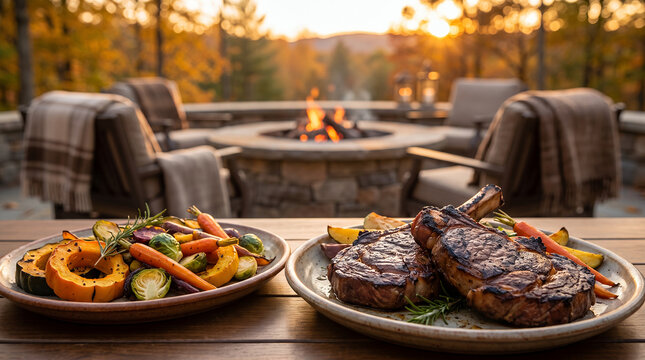 Grilled steaks and roasted vegetables served outdoors by the firepit 
