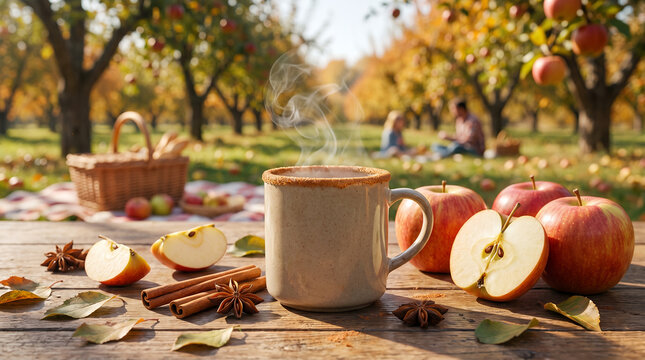 Hot beverage in rustic mug with apples on wooden table in orchard  