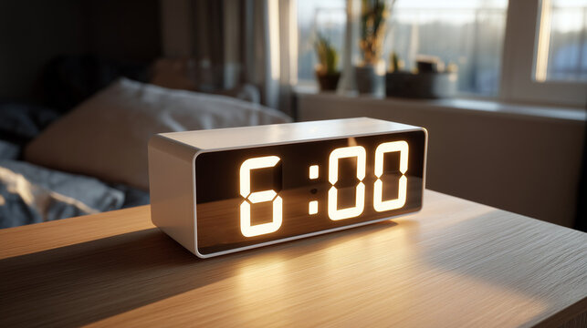 Digital alarm clock on the table in the bedroom showing six o'clock in the morning as a concept of a new day and and new beginning