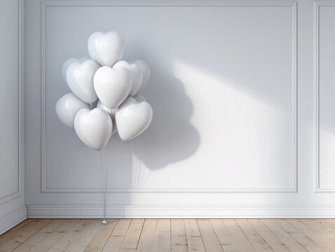 A bunch of white heart shaped balloons in an empty room with  white wall and wooden floor as a symbol of surprise party, celebration or birthday
