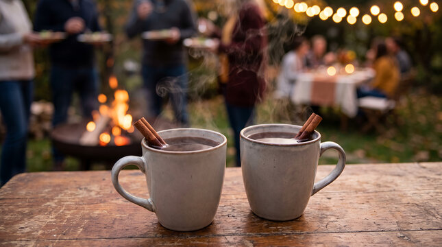 Two steaming cups of spiced beverage outdoors by a cozy fire  