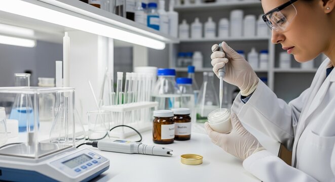 Female chemist using micropipette to drop liquid into cream jar in laboratory