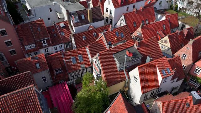Schnoor quarter in Bremen, Germany, old town street in downtown Bremen, UNESCO World Heritage, Aerial View in a daytime.