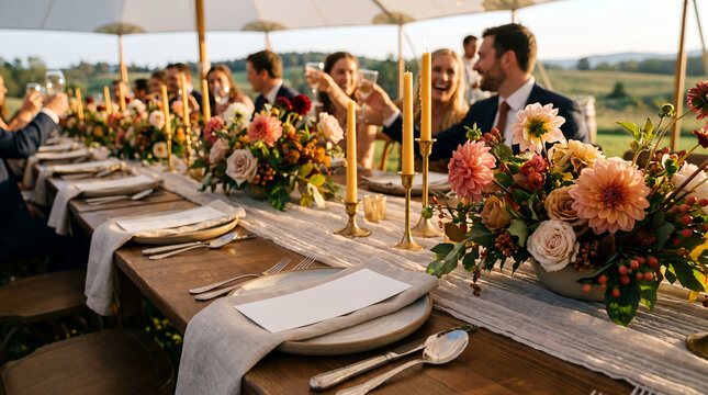 Elegant outdoor dining setup with guests enjoying evening meal  