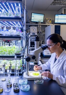 Female researcher analyzing plant sample using stereo microscope in lab