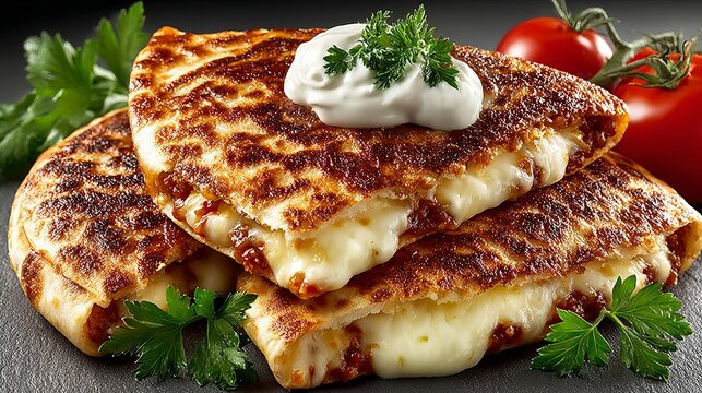 Delicious grilled cheese quesadillas with melted cheese, fresh parsley, and ripe tomatoes, a tempting culinary delight for food lovers everywhere