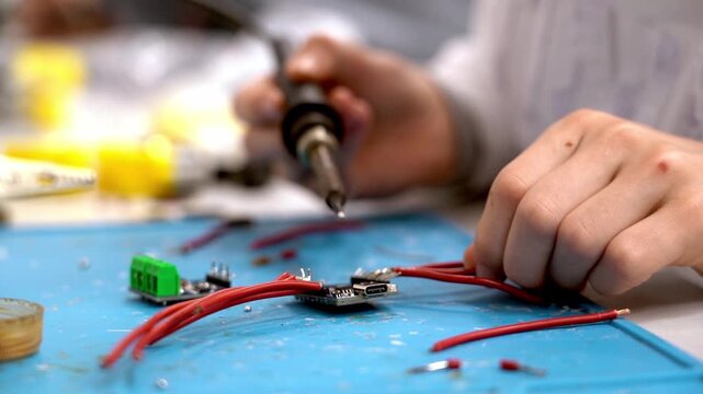 Hands hold soldering iron, precise work begins. Red wires connect to a small circuit board. Blue mat holds tools, workspace remains tidy. Focus shows dedication, technical skill, and care