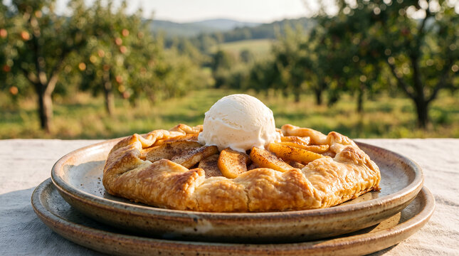 Fresh apple galette with ice cream served on a rustic plate outdoors  