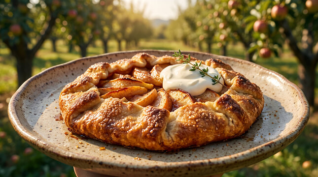 Homemade apple galette with cream served in orchard during sunset  