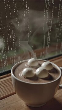 Steaming hot cocoa cup on windowsill, cozy vertical video