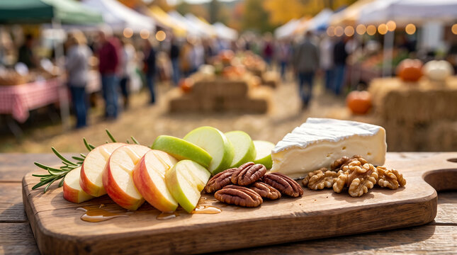 Cheese platter with apples and nuts at autumn farmers market  
