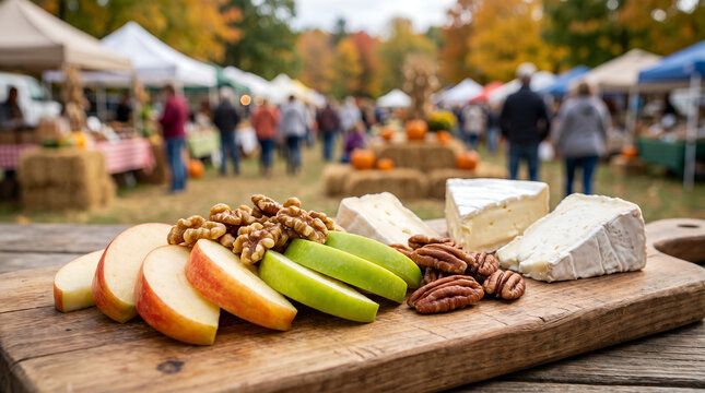 Cheese and apple platter with nuts at autumn food festival  