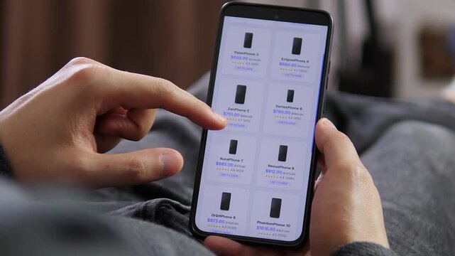 Hands navigate an electronics catalog on a smartphone as rising prices push consumers to compare models, reviews and discounts before buying.