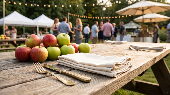 Fresh apples and cutlery arranged on table at outdoor catering event  