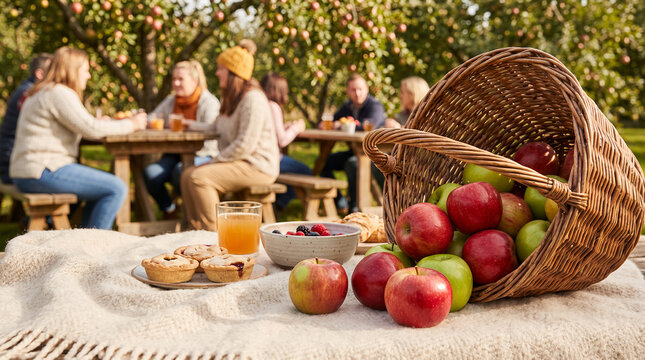 Group of friends enjoying apple-themed outdoor gathering in orchard  