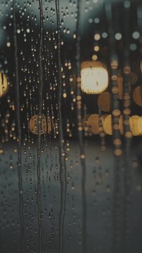 Raindrops on window with city lights bokeh, vertical
