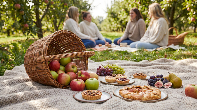 Friends enjoying a picnic with fruits and pastries in an orchard  