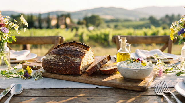 Rustic table setting with bread and cheese outdoors in vineyard  