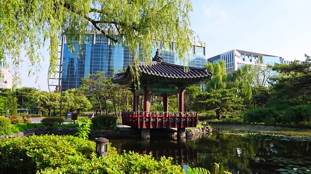  Yeouido Park, Seoul Urban Tourism with Traditional Korean Pavilion and Willow Tree against Modern City Skyline for Travel Banner