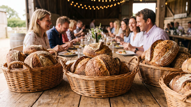 Group of people dining at long table with fresh bread in baskets, concept of catering  