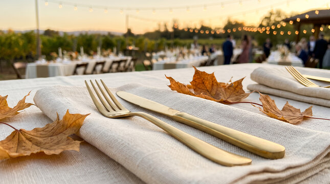 Elegant table setting with golden cutlery and autumn leaves at sunset  